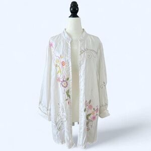 Anne Carson Womens Linen Whimsical Boho Floral Embroidered Long Sleeve Shirt XL